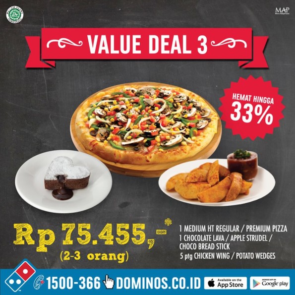 Dominos Pizza Promo Value Deal 3 Harga Mulai Rp. 75.455,- (Hemat Hingga 33%)