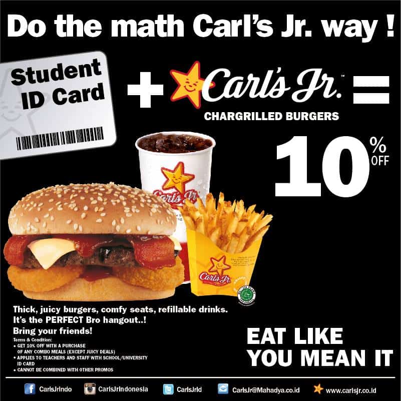 Carl's Jr. Promo Diskon 10% Pakai Kartu Pelajar
