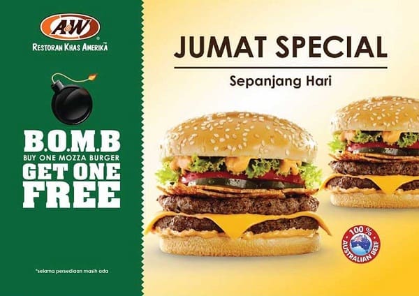 A&W Promo Jumat Special "B.O.M.B" Buy One Mozza Burger Get One Free
