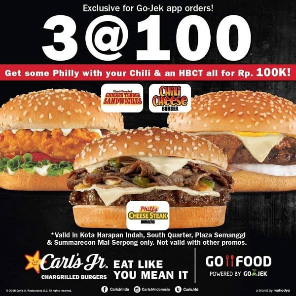 Carls Jr. & Go Food Promo 3 Burger Hanya Rp. 100.000,-